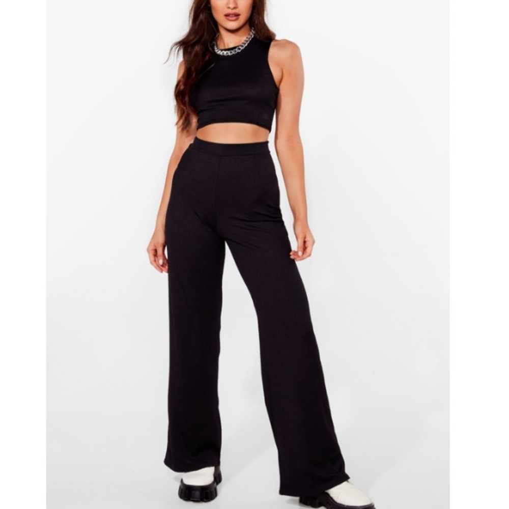 Black ribbed wide leg crop top lounge set